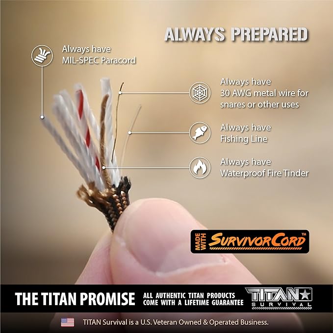 Titan SurvivorSteel Ferrocerium Fire-Starter v2.0, 5" x 1/2" Ferro-Rod with Steel Scraper, Patented SurvivorCord Handle, and Integrated High-Decibel Emergency Whistle.