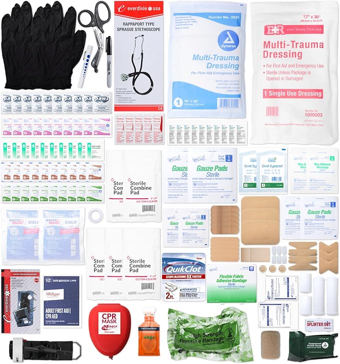 MFASCO Professional First Responder Kit - Emergency First Aid Bleeding Kit Combo, Includes Tourniquet & Clotting Bandage, Orange EMT Bag, Adjustable Shoulder Straps, 275+ Pieces, 13 x 9 x 6 Inches