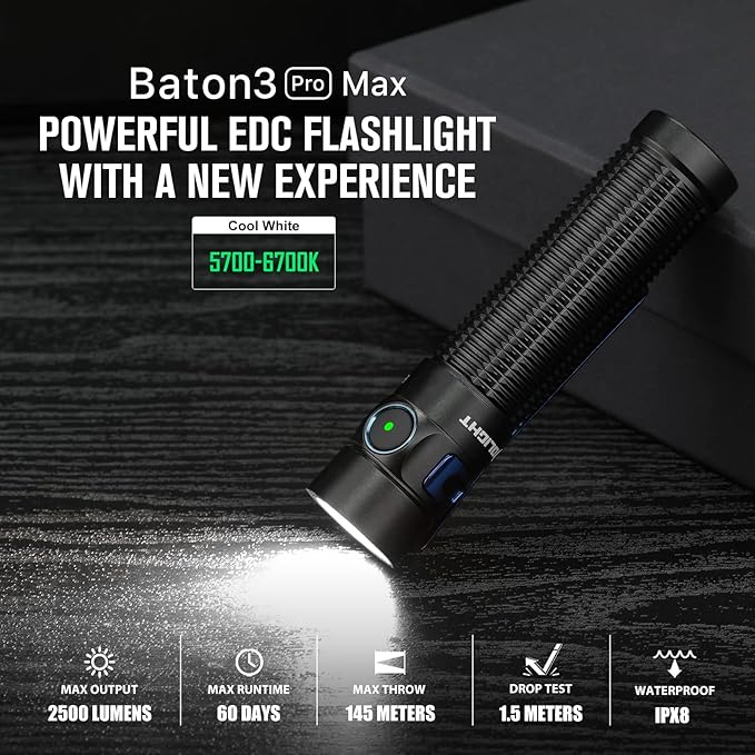 OLIGHT Baton3 Pro Max 2500 Lumens Rechargeable Compact EDC Pocket Flashlights with Safety Proximity Sensor, for Camping, Hiking, and Emergency (Cool White Light: 5700~6700K)
