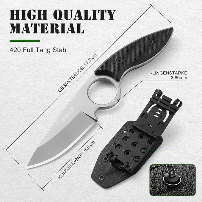 Omesio Small Fixed Blade Knife, Tactical Hunting Camping Survival Knife with Kydex Sheath, Full Tang Stainless Steel 2.68-Inch Drop Point Blade G10 Handle, EDC Neck Knife, White