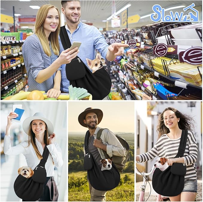 Lukovee Pet Sling, Hand Free Dog Sling Carrier Adjustable Padded Strap Tote Bag, Shoulder Bag with Safety Belt & Front Pocket for Small Dog Cat Puppy (Black-WY,M)