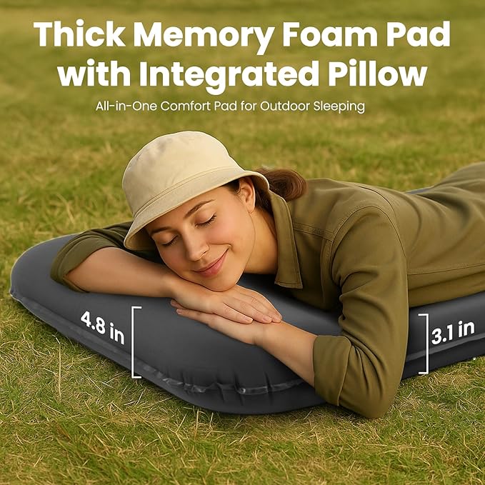 Camping Sleeping Pad with Electric Pump, 3.15" Thick Self Inflating Memory Foam Camping Mattress Pad with Pillow, 4-Season Portable Camp Sleeping Mat for Travel,Car,Tent,Home-Grey
