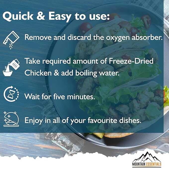 MOUNTAIN ESSENTIALS Freeze-Dried Diced Chicken ??Fully Cooked and Ready to Eat | Everyday Pantry Staple for Meal Prep, Camping & Emergency Survival | Premium Quality Meat | 10 Servings per Pouch | Made in USA | 7-Year Shelf Life | Pack of 1