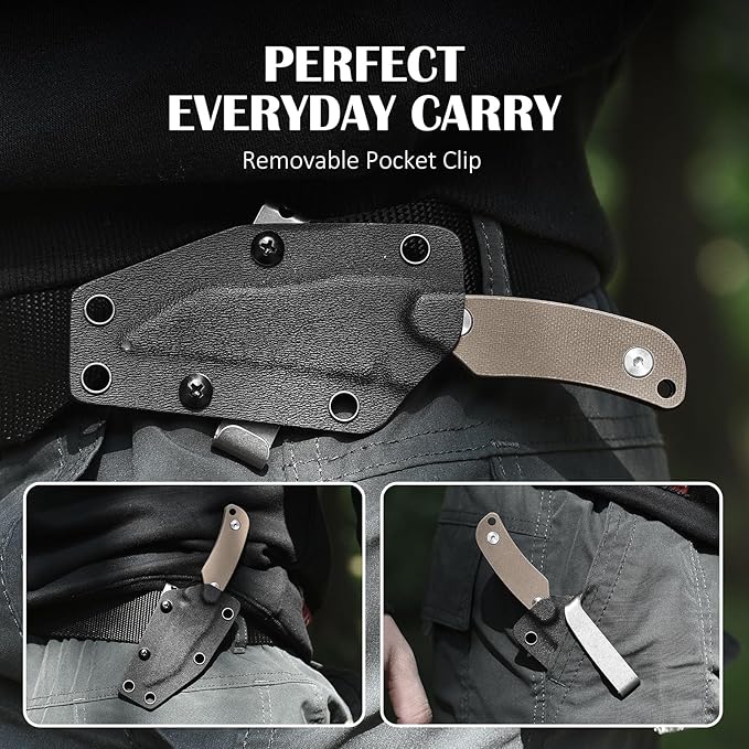 X-WH EDC Horizontal Carry Neck Knife wtih Clip Fixed Blade Knife with Kydex Sheath, D2 Steel Blade Full Tang small Wharncliffe Knife G10 Handle, (Khaki)