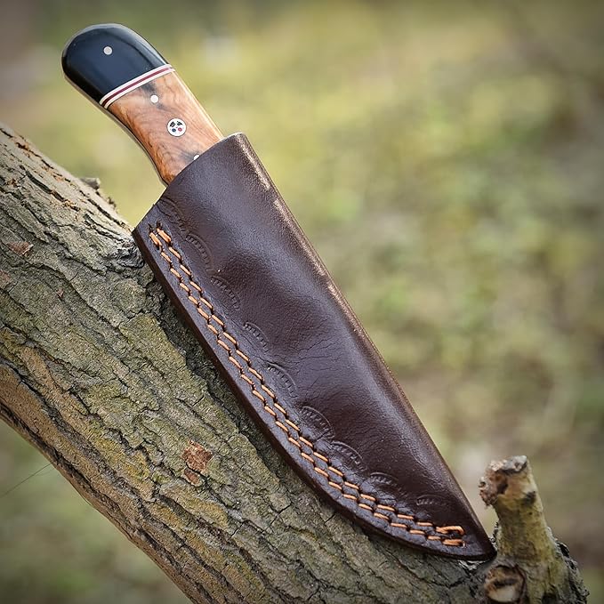 8.5" Handmade Damascus Steel Fixed Blade Skinning Hunting Knife with Leather Sheath - Best for Outdoor Camping, Skinner, Deer, Fishing, Hiking - EDC Survival Knives for Men Ideal Gift for Hunters