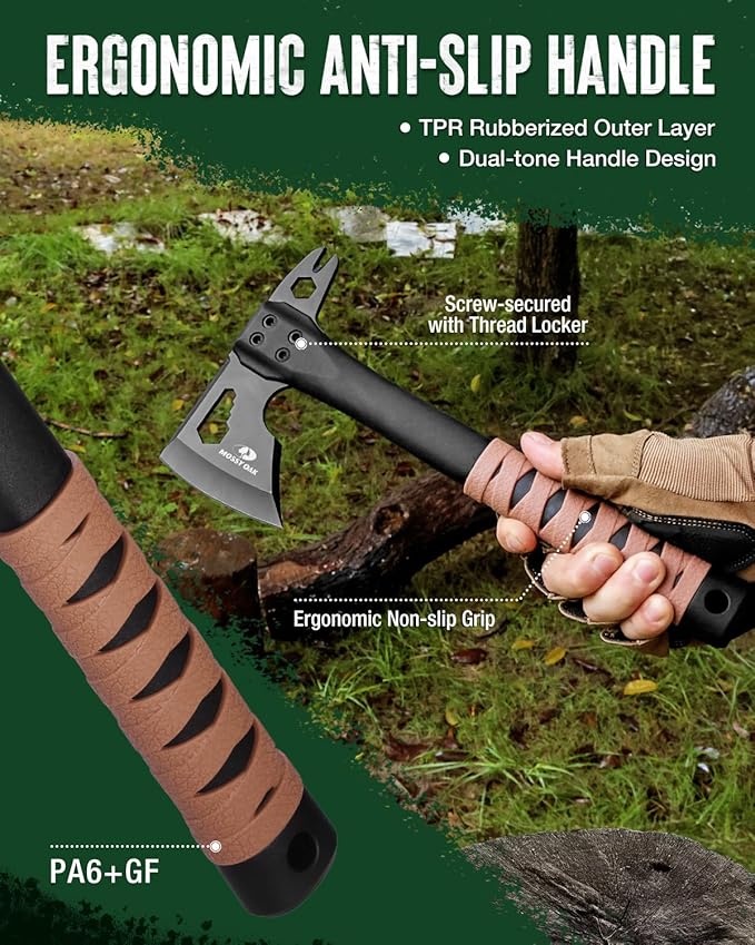 MOSSY OAK 12" Camping Axe and Survival Hatchet with Sheath, Compact Outdoor Multitool Hatchet with Hex Wrench Slots, Non-Slip Dual-Color Handle, Small Camping Gear for Hiking, Chopping, Hunting