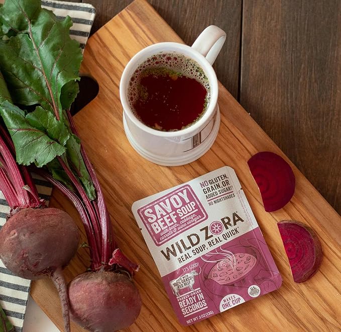 Wild Zora Instant Keto-Friendly Soups Savoy Beef 8-pack Broth Made with 100% Grass-Fed Beef, and Vegetables, Gluten-Free, Low Carb, No Added Sugar, Flavorful Pantry Staples - 0.5oz/13g