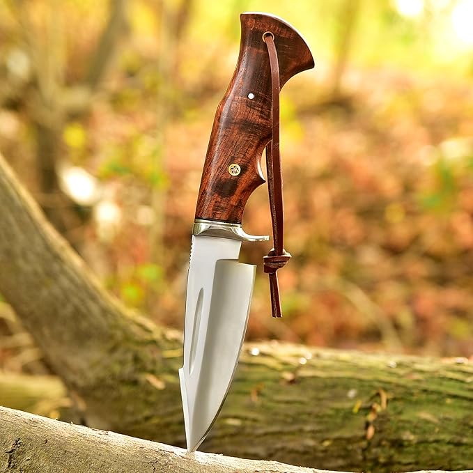 Poshland Handmade Hunting Knife - 10" Bushcraft Fixed Blade EDC Knife with D2 Steel Blade, Walnut Wood Handle, Leather Sheath