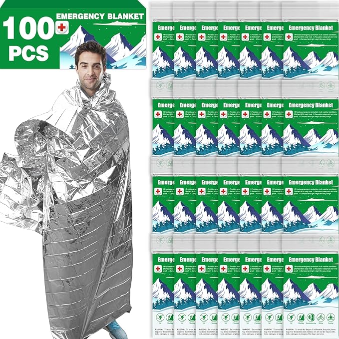 CXYARY 100 Pack Emergency Mylar Thermal Blanket, 84” x 52” Space Blankets, Emergency Thermal Blanket Space Rescue Survival Gear Camping for Outdoors, Hiking, Camping Survival