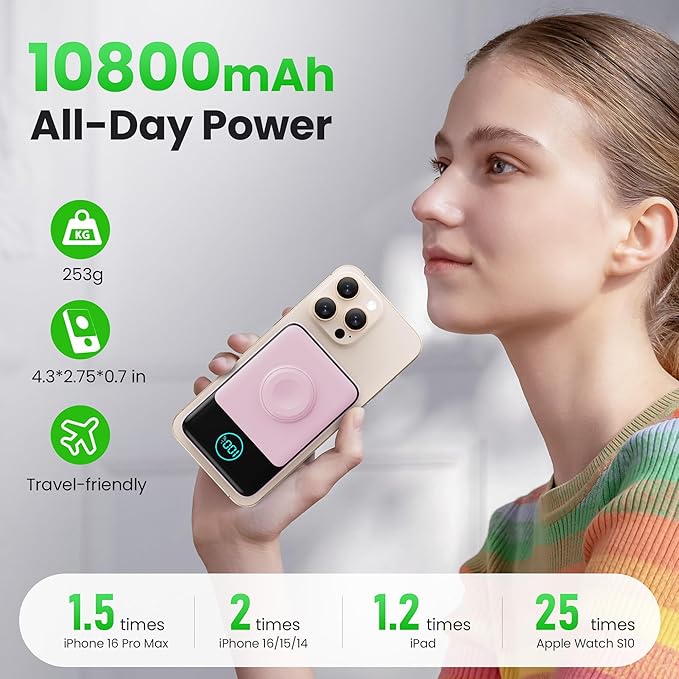 Magnetic Portable Charger for iPhone, 3-in-1 10800mAh Qi2 15W Wireless Power Bank with iWatch Charger,30W PD Fast Charging USB-C LCD Display Battery Pack for Magsafe,iPhone 17/16/15/14/13, Apple Watch