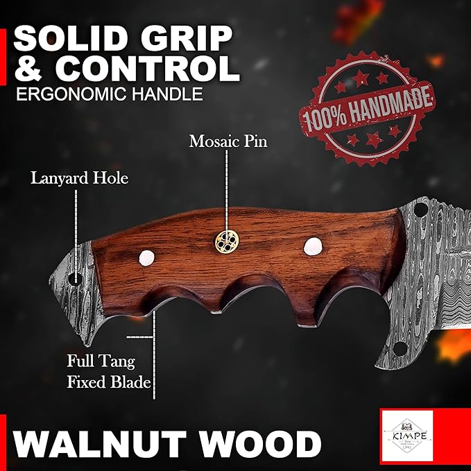 KIMPE 10.5?™â€?Damascus Hunting Knife with Leather Sheath-Fixed Blade EDC Knife-Bushcraft Knives-Wood Handle-Best Camping & Survival Knives-Knives for Men. (Walnut Wood)