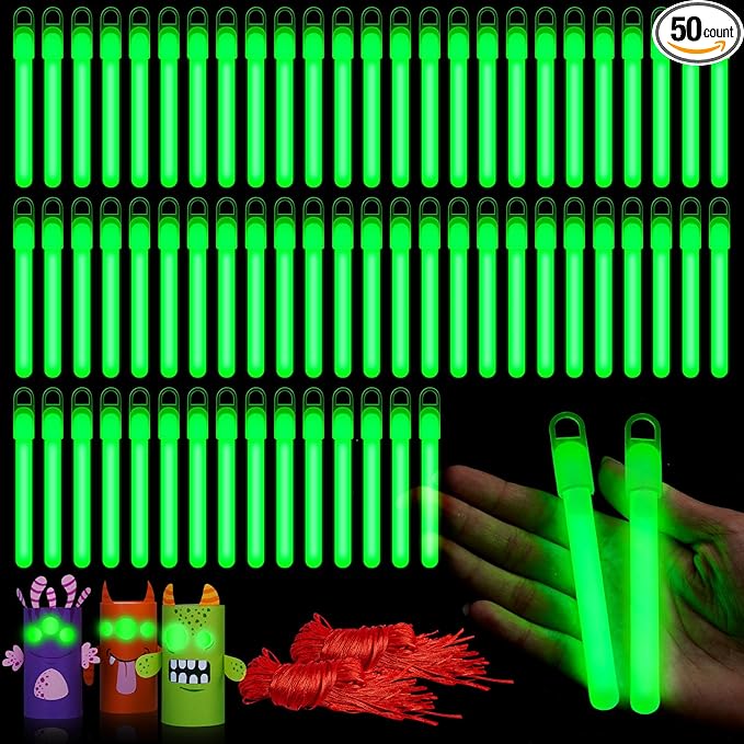 Lewtemi 50 Set 4'' Glow Sticks Bulk, Hallowee Glow in The Dark Party Supplies, Emergency Light Sticks with Lanyard, for Birthday, Light up, Neon, Halloween Theme Party Favors