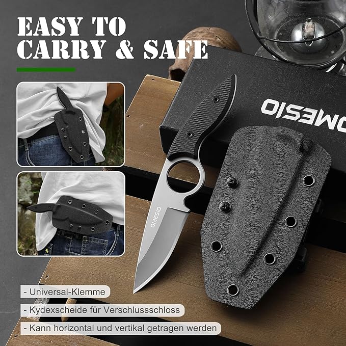 Omesio Small Fixed Blade Knife, Tactical Hunting Camping Survival Knife with Kydex Sheath, Full Tang Stainless Steel 2.68-Inch Drop Point Blade G10 Handle, EDC Neck Knife, White