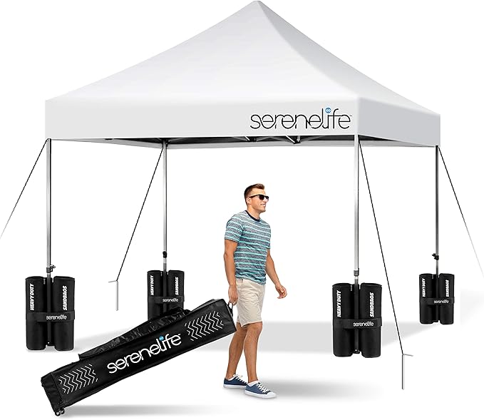Pop Up Canopy Tent 10x10 - Commercial Instant Shelter Foldable/Collapsible Sun Shade Canopy Pop Up Tent w/Waterproof Tent Top, Portable Carry Bag & Sand Bag - SereneLife SLGZ10W (White)