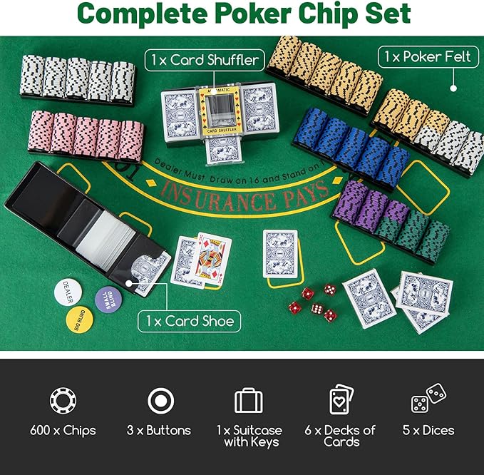 GYMAX Poker Chips Set, 600 PCS Texas Hold 'em Casino Chip Set w/Carrying Case, 6 Decks of Cards, 5 Dices & 3 Dealer Buttons, Poker Felt, Card Shuffler, Card Shoe, for Blackjack Gambling (600 PCS)