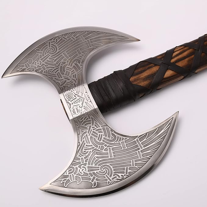 VikingsBrand Handmade Viking Axe Real, Battle Axe, Norse Axe Head Made of 1095 Carbon Steel, Viking Bearded Camping Axe (Odin's Double Head)