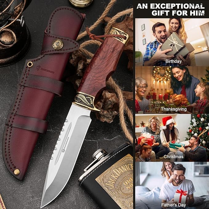 Fixed Blade Hunting Knife with Horizontal Leather Sheath YU-LN, 10.63" Bushcraft Knife for Men with Wood Handle, Gift for Men