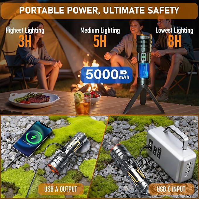Rechargeable Flashlight 11 Modes Tactical Camping Flashlight with Red-Blue Emergency Lights, 10000 Lumens 3 in 1 Portable Camp Light with Stand, Bright LED Flashlight for Outdoor Activity