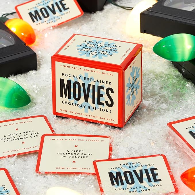 Brass Monkey Poorly Explained Movies – Holiday Edition Party Game with 300 Cards Featuring Uniquely Terrible Descriptions of Movies, Suitable for 2-8 Players