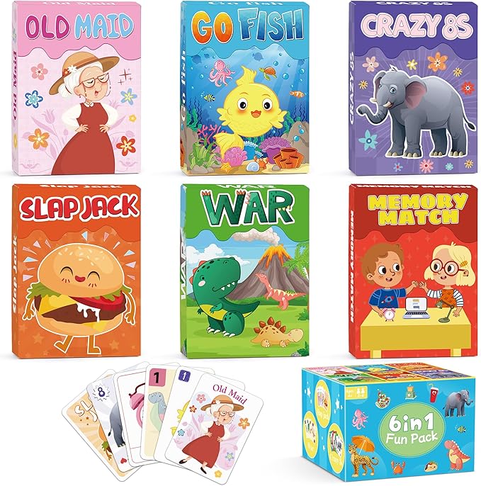 Kids Card Games, Go Fish,Old Maid,Crazy 8s,Memory Match,Slap Jack,War, Cards Game for Kids 4-8, Fun Game for Family Game Night Party Table Games, Easter Basket Stocking Stuffers Gifts, 6 Decks