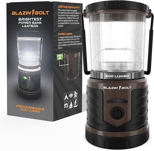 Blazin Bolt Rugged USB Rechargeable Lantern | 12000mAh Power Bank | 600 Lumen | 500 Hours of Light | 6 Modes | Camping, Emergency, Power Outage, Storm, Blizzard, Hurricane Survival