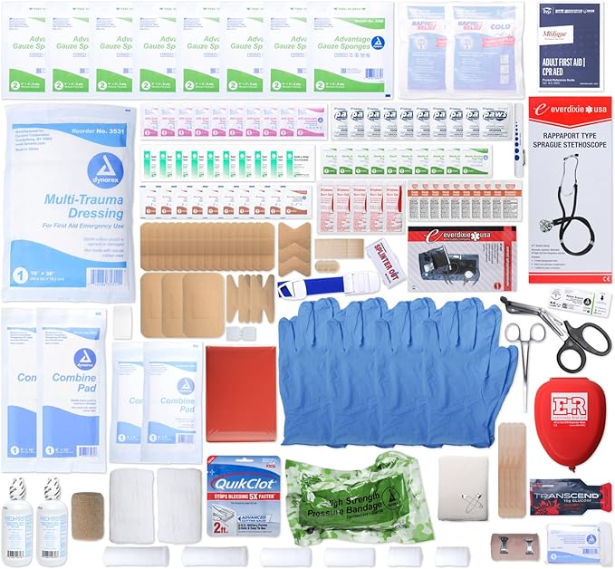 MFASCO Emergency Response GO First Aid Bag - 160 Pcs EMT Trauma Kit, First Responder Medical Bag, Deluxe Stocked Kit with Tourniquet, Sprague Stethoscope, Pressure & Bleeding Control Dressings