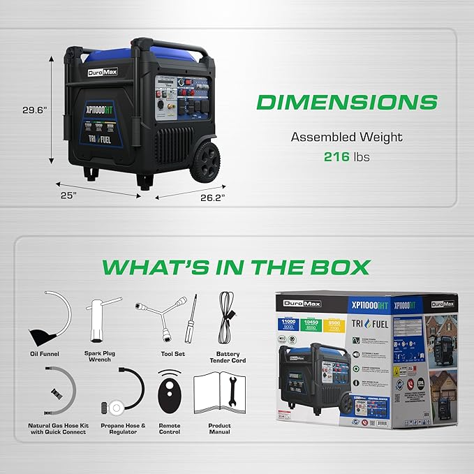 DuroMax XP11000iHT 11,000-Watt Tri Fuel Portable Digital Inverter Generator - Gas, Propane & Natural Gas, Remote Electric Start, Whole Home Power Backup, Transfer Switch Ready, RV & Emergency Ready