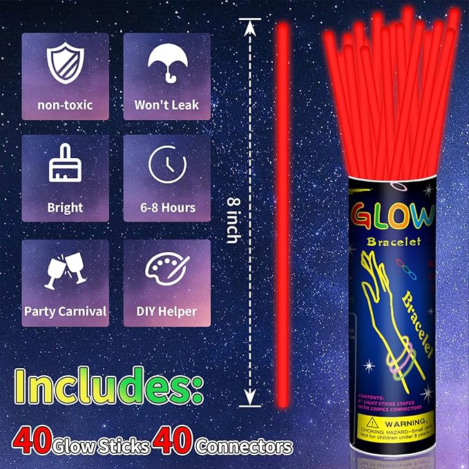 40 Pack 8??Red Glow Sticks Bracelet Necklaces Bulk with 40 Connectors Neon Glow In The Dark Party favors Supplies for Holiday Birthday Party Decoration (Red)