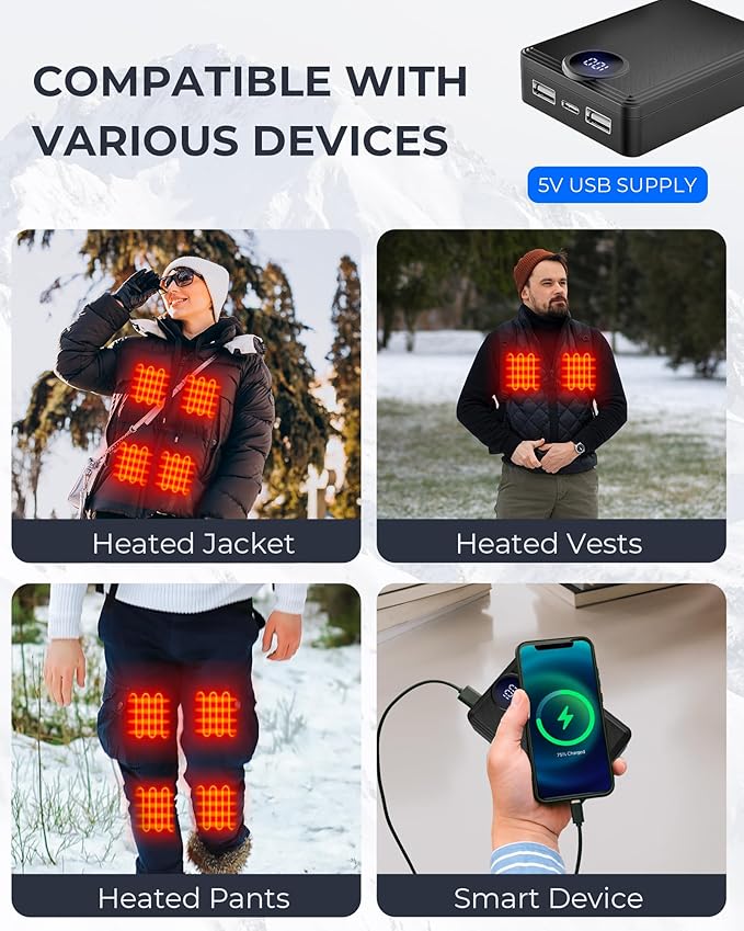 ?Ÿ±?—© ?Ÿ?Ÿ®?Ÿ¬?Ÿ¬?Ÿ¬?—º?—”?—µ Heated Vest Battery Pack, Rechargeable Power Bank with LED Display, Type-C Input, and Dual USB-A Output for Heated Apparel, Vest, Seat, Blanket and Jacket up to 10H