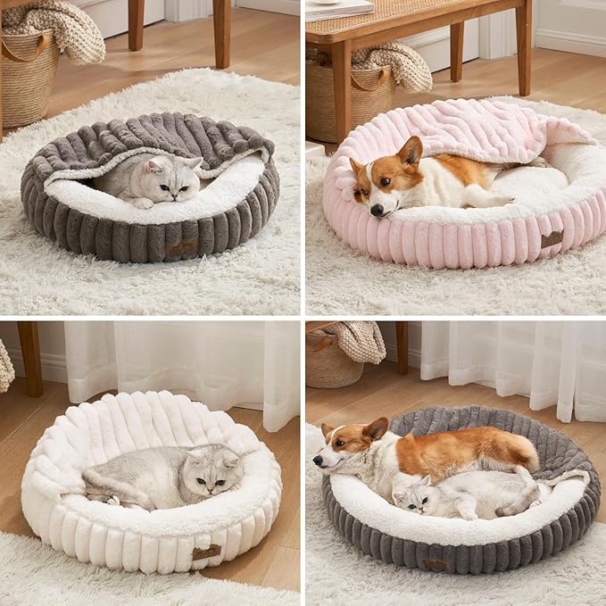 Dog Bed with Hooded Blanket, Round Fluffy Anti-Anxiety Pet Bed for Medium Dogs & Large Dogs, Cozy Donut Cuddler with Machine Washable Faux Fur & Anti-Slip Bottom(35"×35"×7",Grey)
