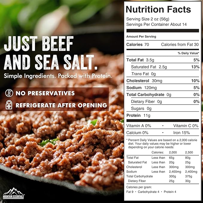 MOUNTAIN ESSENTIALS All Natural Canned Ground Beef 28 Oz – Fully Cooked, Ready to Eat Hamburger Meat – Pantry Staple for Everyday Meals, Emergency & Survival – 5-Year Shelf Life – Made in USA – 1 Pack