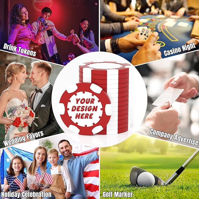 25 Custom Clay Poker Chips, 40mm Heavy 11.5g Casino Sized Personalized Poker Chips with Your Logo, Image or Text, Custom Drink Tokens for Bar, Party, Tournaments, Golf Club or Events