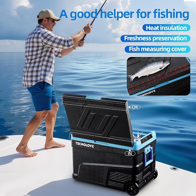 45L Car Refrigerator Freezer, -4℉~68℉ 48QT Single Zone Portable Compressor Cooler with Reversible Door, Battery Slot, All-Terrain Wheels, 100–240V AC / 12V / 24V DC Powered, LED Light – Ice Blue