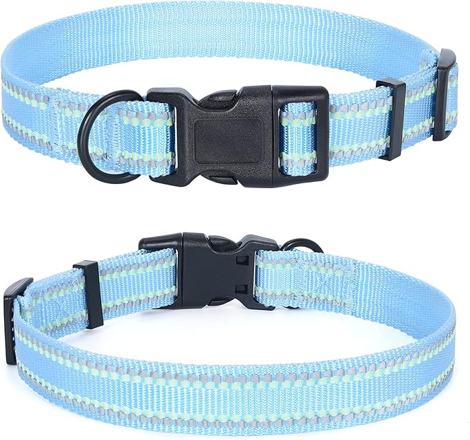 Mile High Life Reflective Dog Collar, Basic Dog Collars Adjustable Quick Release, Soft Nylon Pet Collar with Metal D-Ring for Small Medium Large Dogs (Blue, M Neck13-17")