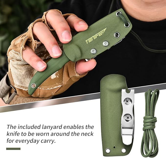 TONIFE Nova 2.68'' Blade Mini Neck Knife Full Tang Fixed Blade Knife with Kydex Sheath and Adjustable Paracord Lanyard for Camping Outdoor Survival Tool (Green+Black Titanium)