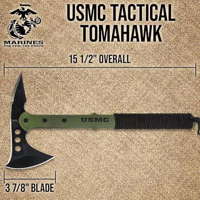 USMC Tactical Tomahawk | 2Cr13 Stainless Steel Head | 3 7/8" Blade and Curved Spike | Fiberglass and Nylon Reinforced Handle | Cord Handle Wrappings | Custom Blade Sheath | 15 1/2" Overall Length