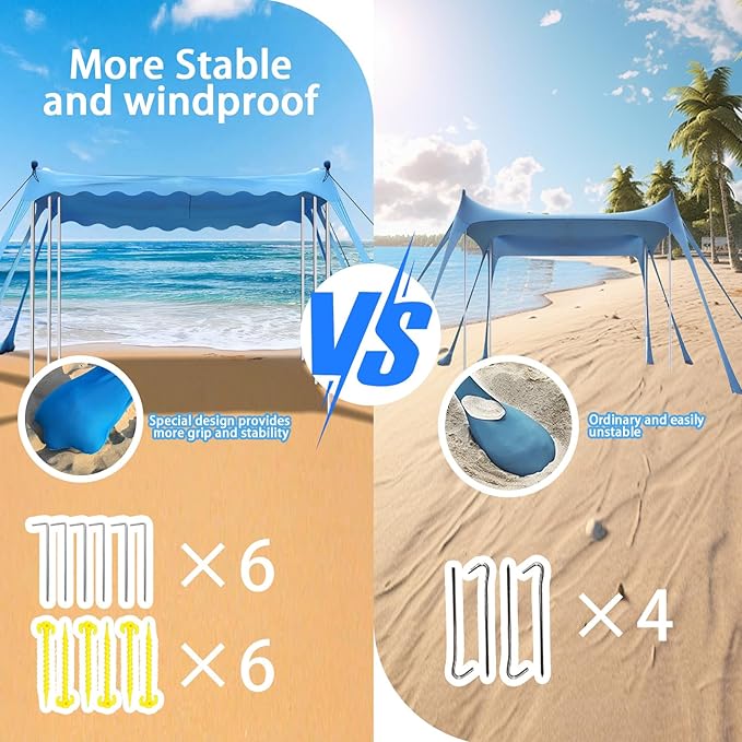Beach Tent Sun Shelter, 10 x 10 FT Beach Canopy Tent Sun Shade, UPF50+ Protection with 6 Sandbags 6 Stability Poles, Outdoor Beach Shade Canopy for Camping, Fishing, Backyard
