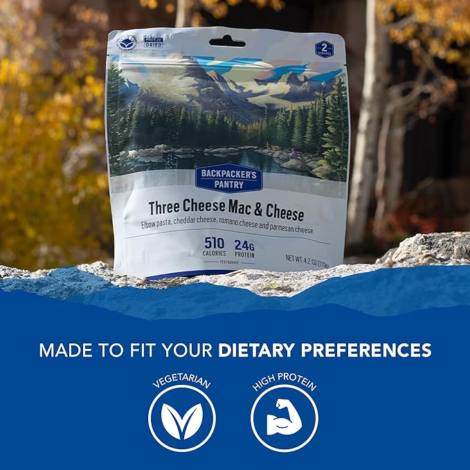 Backpacker's Pantry Three Cheese Mac & Cheese - Freeze Dried Backpacking & Camping Food - Emergency Food - 24 Grams of Protein, Vegetarian