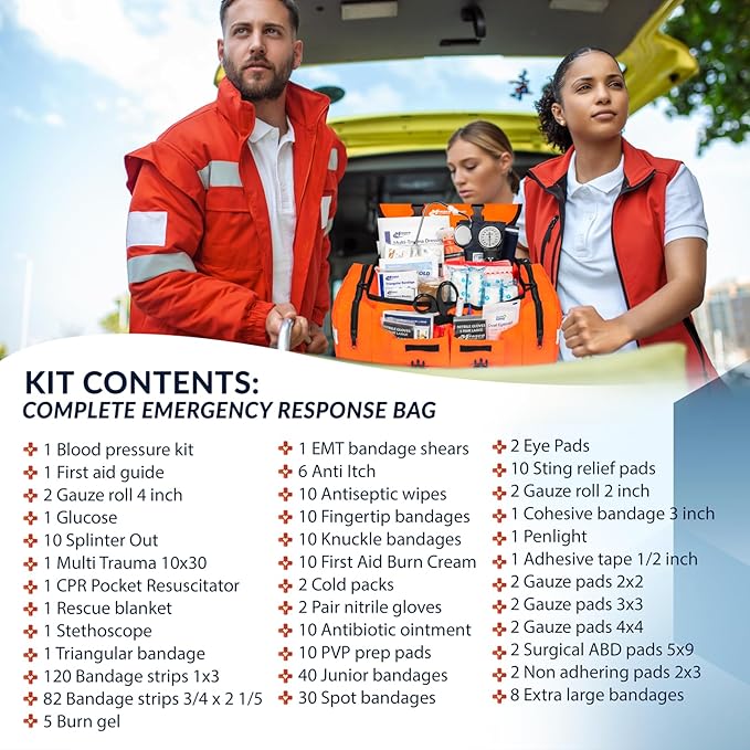 MFASCO First Aid Kit - Fully Stocked Portable Reflective Bag - First Responder Emergency Response Kit - for Natural Disaster Preparedness - Customizable Storage - Includes 415 Pcs First Aid Supplies
