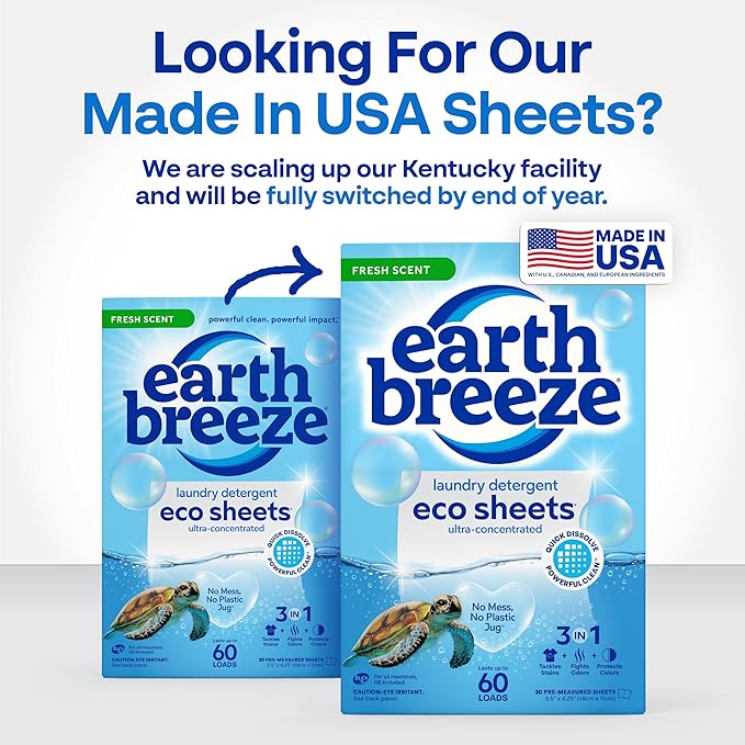 Earth Breeze Laundry Detergent Sheets Fresh Scent - 180 Loads Eco Liquidless Soap - Travel-Friendly for Hot & Cold Cycles, Tackles Tough Stains & Odors - Gentle on Skin, 90 Ct (3 Pack)