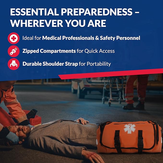 First Responder Trauma First Aid Kit Bag ??Fully Stocked Emergency Medical Kit for Workplace, Vehicle & Home ??OSHA & ANSI Compliant ??Portable ??Orange