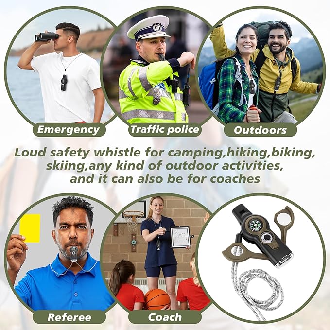 12 Pack Emergency Survival Function Whistle 7-in-1 Compass Hiking Survival Safety Whistle with Lanyard Outdoor Multifunctional Tool Ideal for Hiking Camping Rescue Signaling
