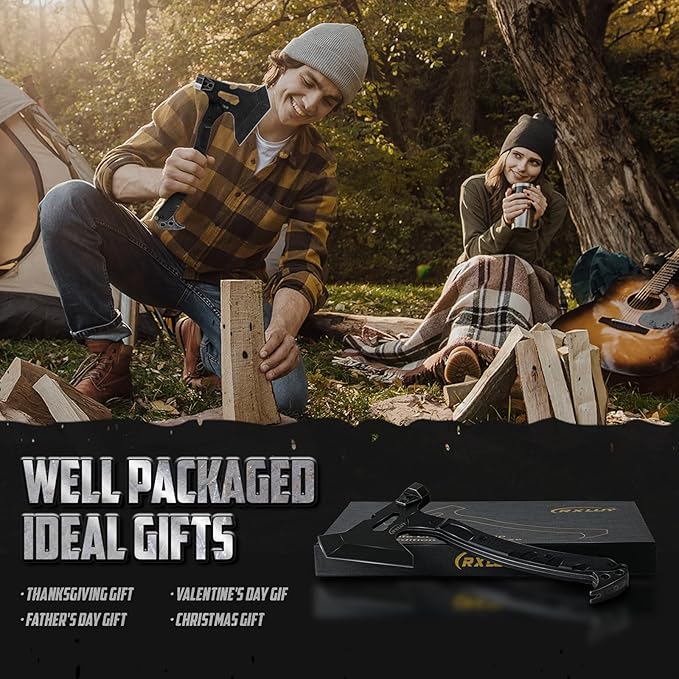 Tactical Axe with G10 Handle Camping Survival Hatchet, Multifunctional Outdoor Hiking Heavy Duty Full Tang Tomahawk Tools with Hammer, Unique Design Crowbar, Leather Sheath (Black)
