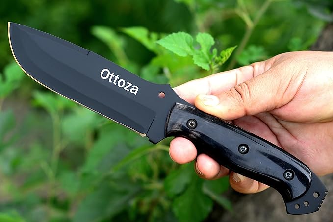 Ottoza Fixed Blade Hunting Knife with Leather Sheath and Horizontal Carry - Full Tang Outdoor Survival and Camping Knife for Men - Cow Horn Handle 338