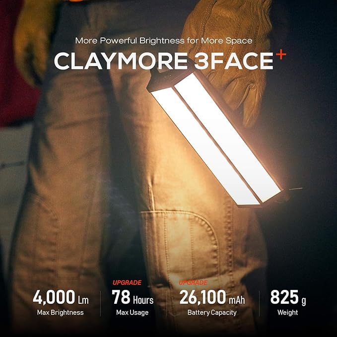 CLAYMORE 3 FACE+ (Large) - Rechargeable LED Area Light for Outdoors, Camping, Tent, Work, Industrial, Emergency Use, Waterproof, Portable, Power Bank Function, Up to 78 Hours Battery Life