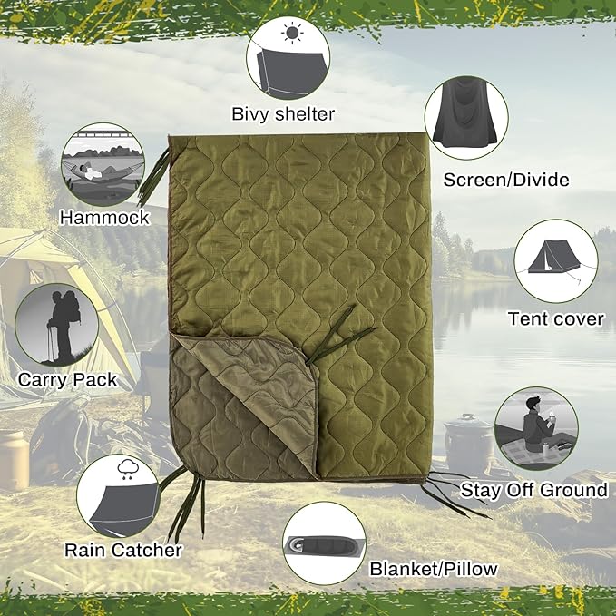 Barydat 80 x 60 Inch Woobie Military Poncho Liner Woobie Blanket Waterproof Thermal Poncho Liner with Bag Camo for Outdoor Camping Hunting Hiking