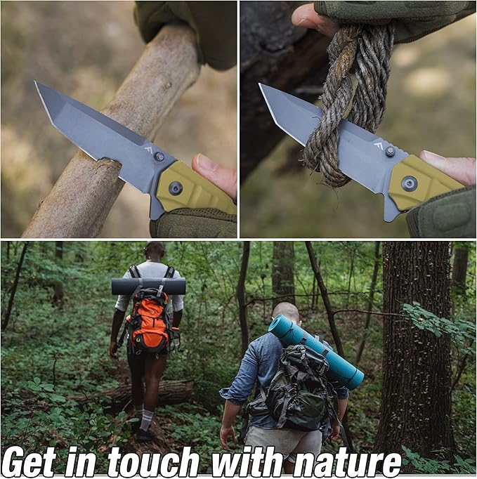 FLISSA Folding Pocket Knife, Tactical Knife with Liner Lock, Tanto Blade, Pocket Clip, Glass Breaker, Seatbelt Cutter, Perfect for Hunting, Camping, Survival (Coyote Brown)