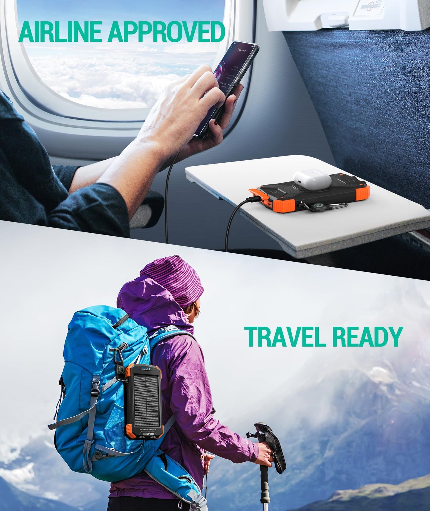 BLAVOR Solar Power Bank 10,000mAh, Portable Wireless Charger, 20W Fast Charging External Battery
