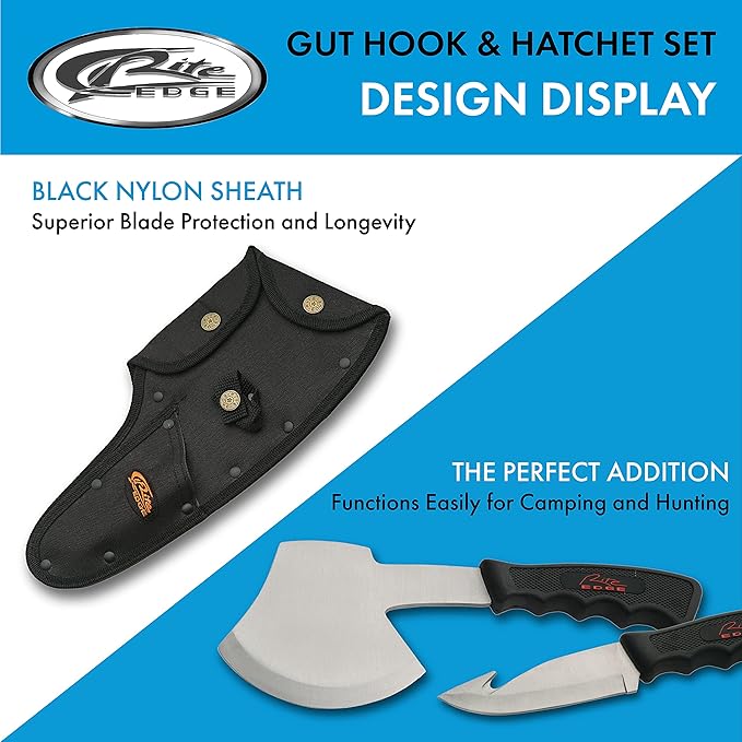 Rite Edge 2-Piece Hunting Knife and Hatchet Set ??Stainless Steel Gut Hook and Survival Axe with Nylon Sheath for Camping, Hiking, and Outdoors