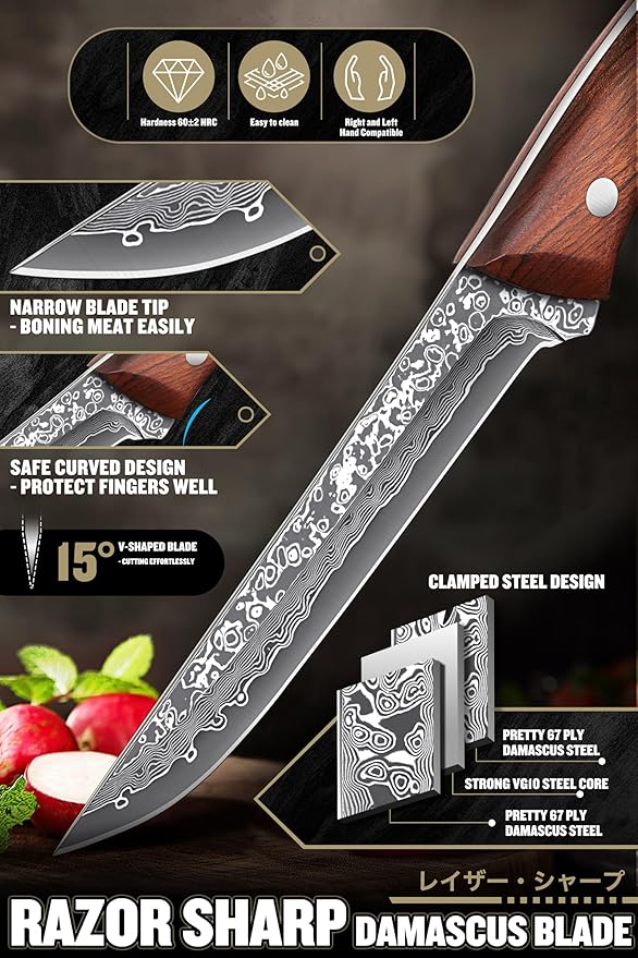 ROCOCO Damascus Boning Knife for Meat Cutting Deboning Brisket Slicing Trimming knife Fish Fillet Knife with Narrow Blade for Kitchen Camping BBQ Birthday Mothday's Day Gift 5.3"